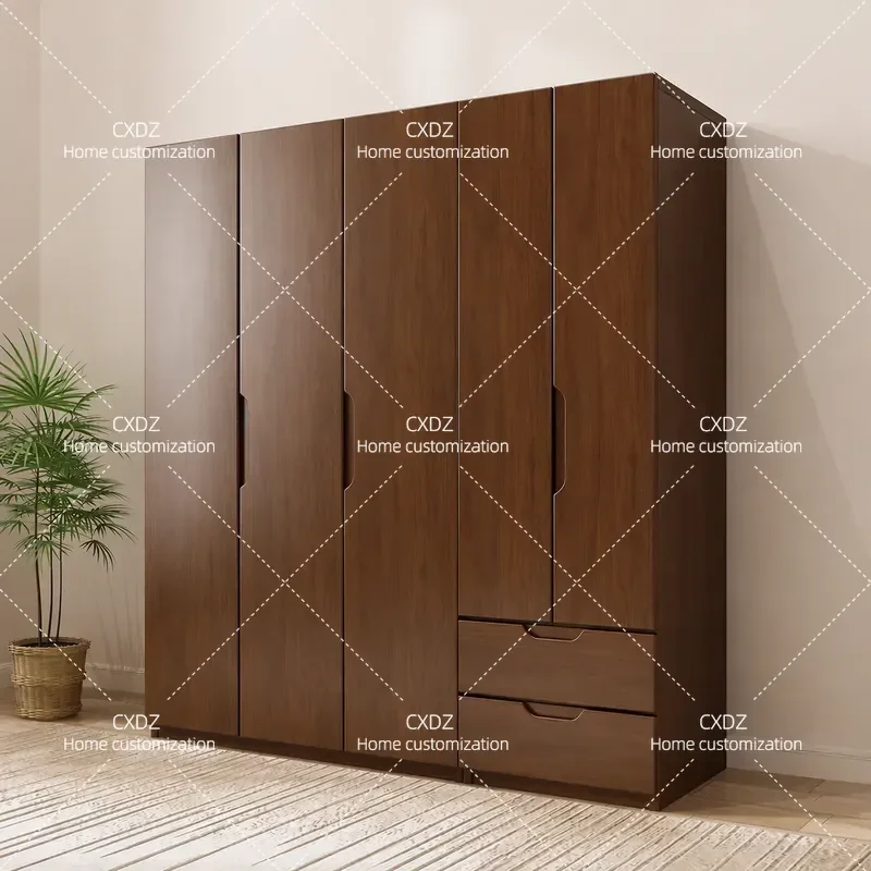 Nordic Modern Solid Wood Oak Wardrobe Small Apartment Bedroom Storage Cabinet Walnut Finish Swing Door Closet Furniture