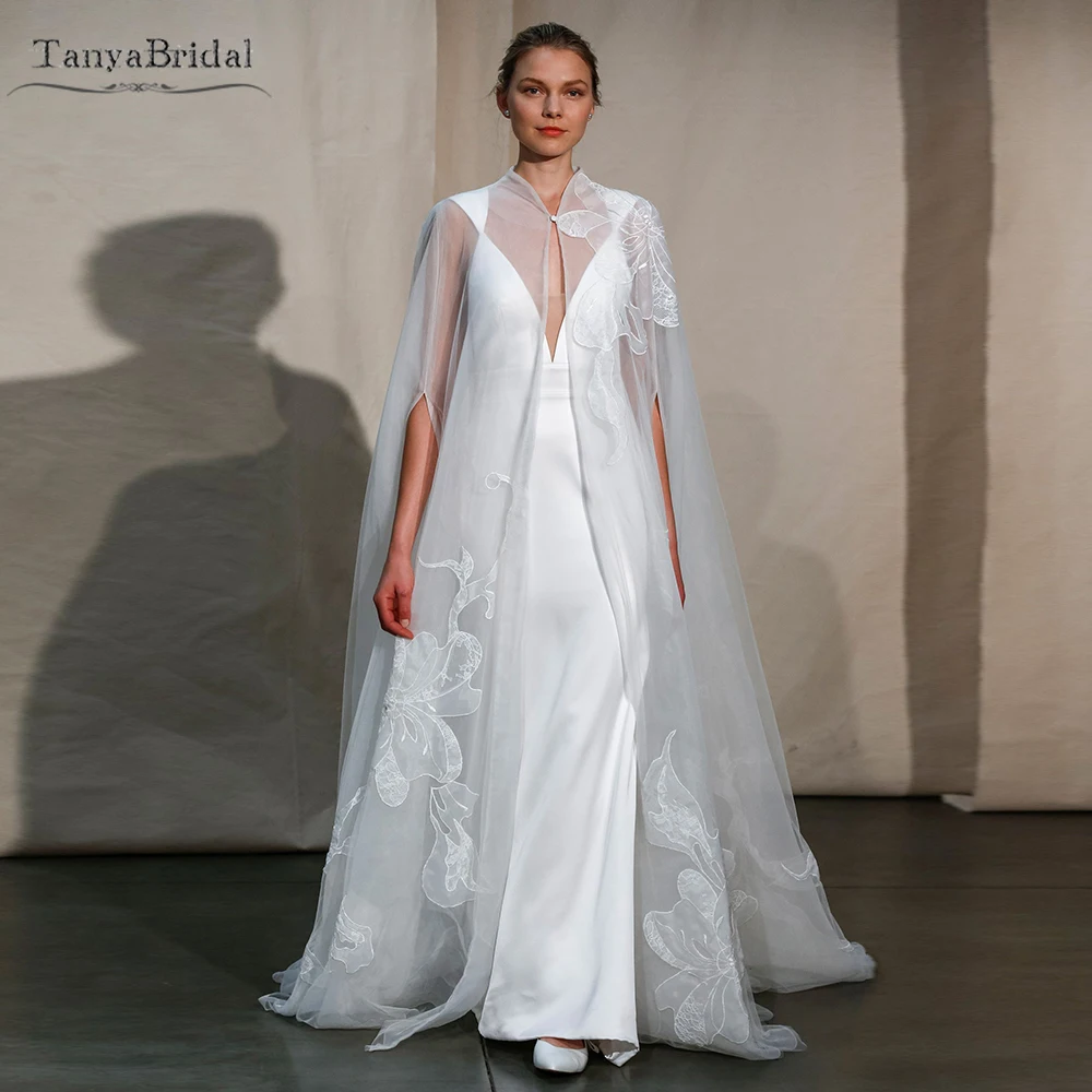 

High Neck Sheer Wedding Cape With Sleeve Holes ,Romantic Bridal Wrap ,Sewing Unique Lace Appliques Chic DJ285