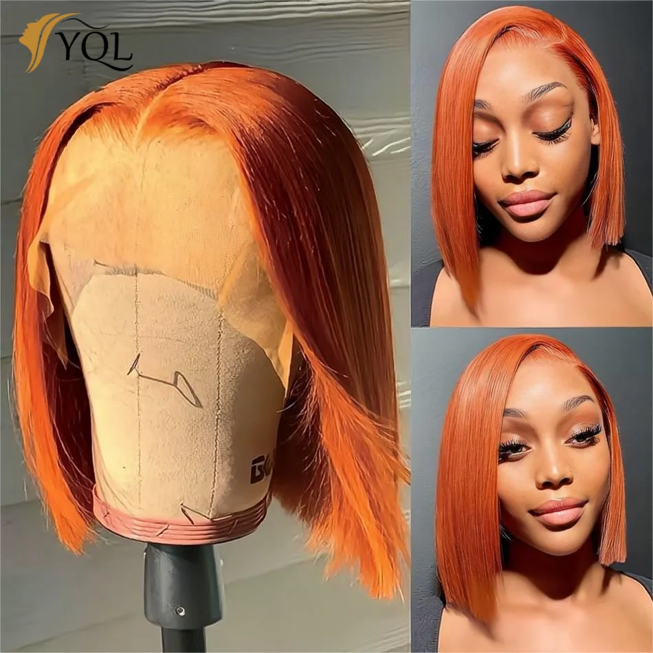 Wig rambut Bob lurus jahe oranye Wig rambut manusia renda depan Wig Bob Remy Brasil 13X4 renda transparan Wig depan untuk wanita