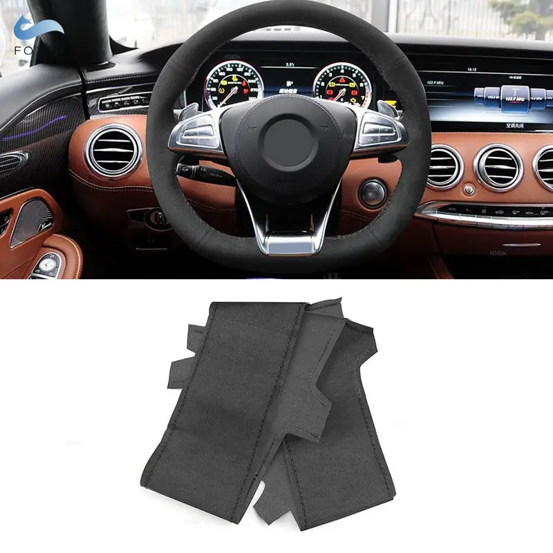 Car Inner Steering Wheel Cover For Mercedes Benz (D shape) A Class AMG A45 C 43 63 2015 2016 2017 2018 1.2mm Black Suede Leather