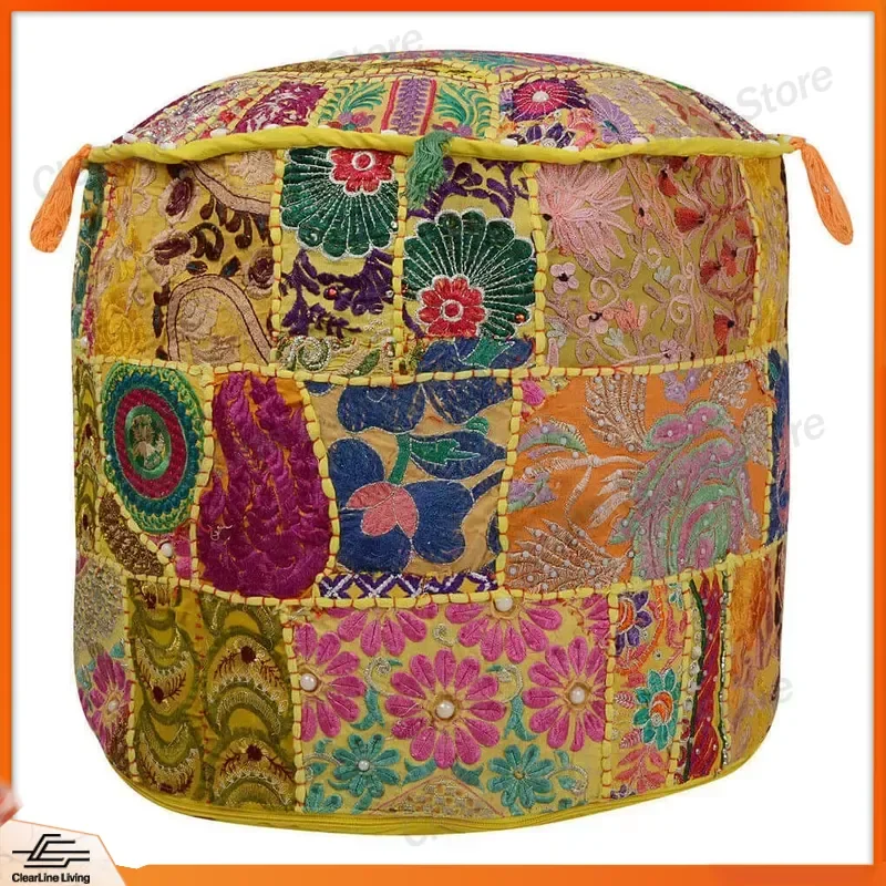 Traditional Bohemian Embroidered Footstool Vintage Patchwork Ottoman 18x13 Inches Bamboo Cloth Material Suitable for Home