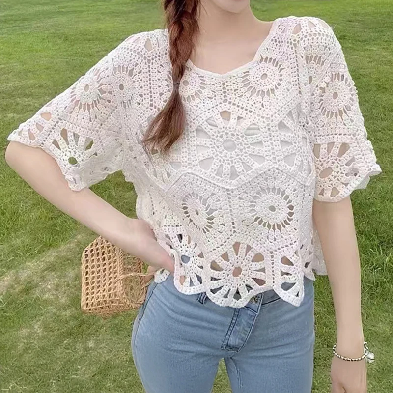 Granny Square Crochet Top Boho Openwork Knit Lace Top Blouse Pullover Spring Summer 2026 Beach Cover-up Vacation Outfit