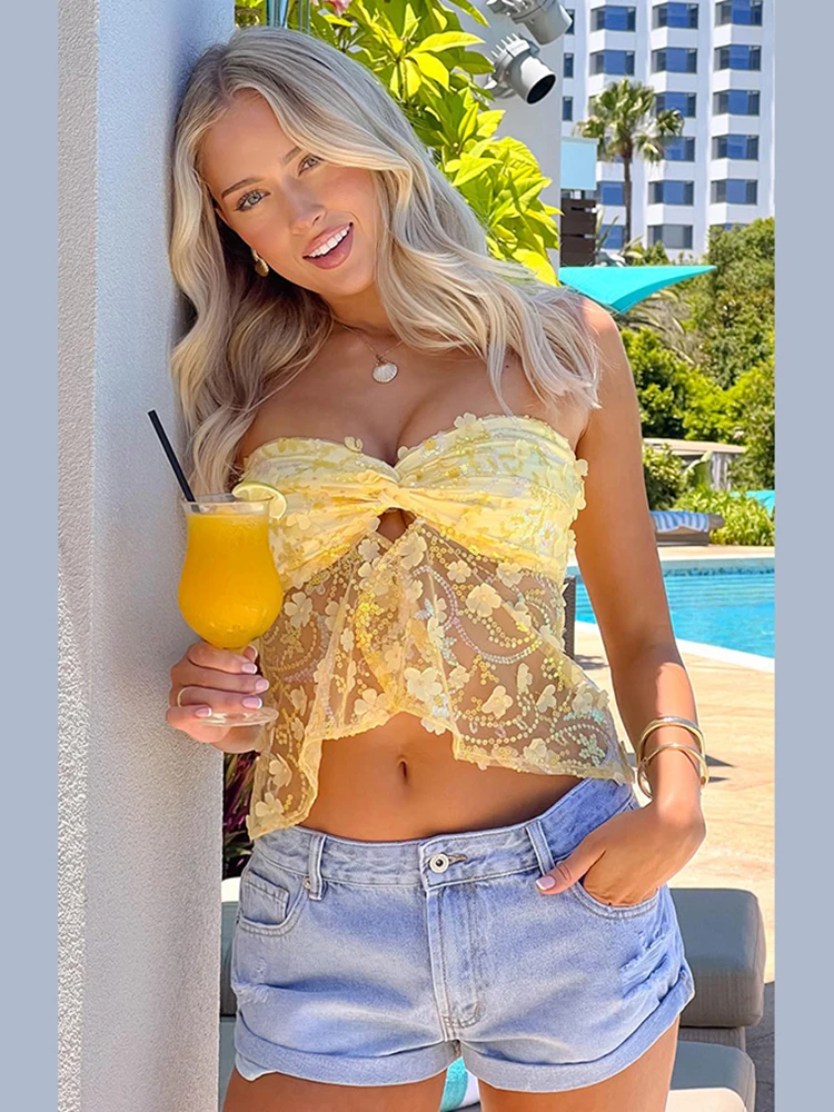 Nibber Sequins 3d  Flowers Corset Tops Women Patchwork Mesh Folds Kink Splits Sweet Summer Trend Midnight Party Simple Tops