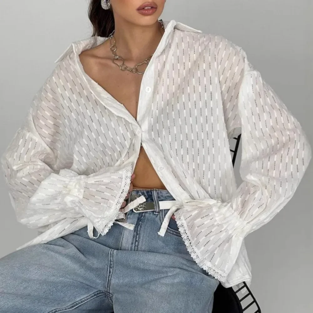 

Women Spring New Solid Hollow Out Loose Casual Shirts Lapel Long Sleeve Minimalist Blouse Female Fashion Style