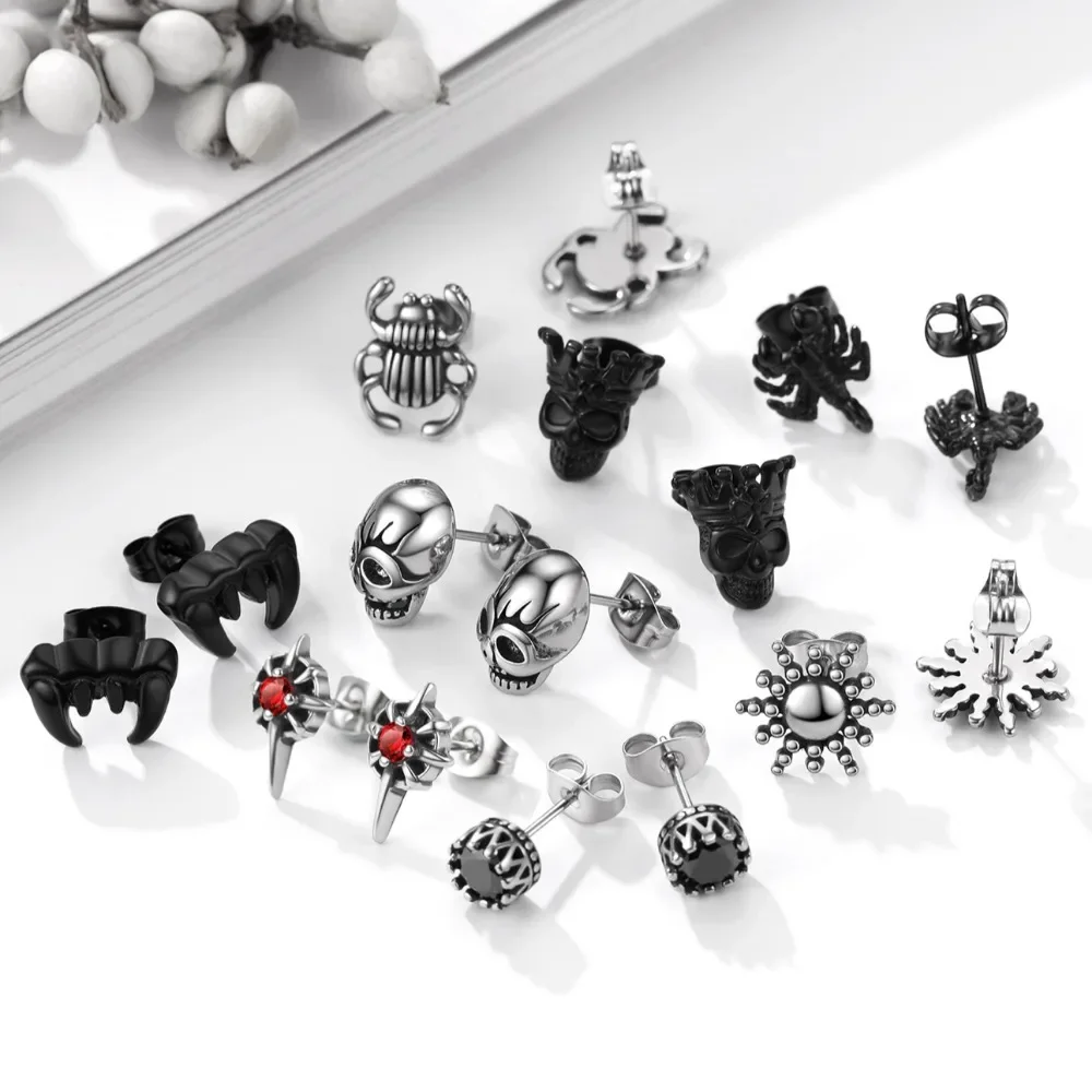 U7 Stainless Steel Multiple Styles Stud Earrings CZ Scorpion Spider Teeth Skull Vintage Punk Gothic Stylish Unisex Jewrlry Gift