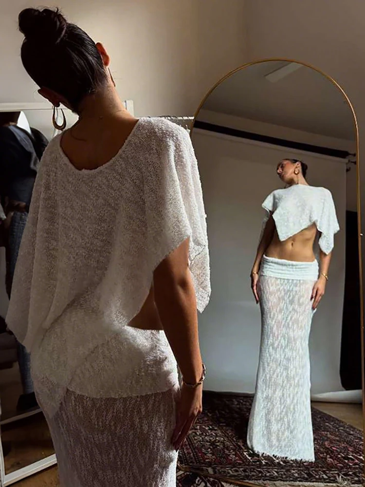 Zestaw 2-częściowy Whatiwear Fashion dla kobiet: asymetryczny top z odkrytym ramieniem i nieregularnym dołem + spódnica z elastyczną talią, prześwitujący, elegancki strój na imprezę