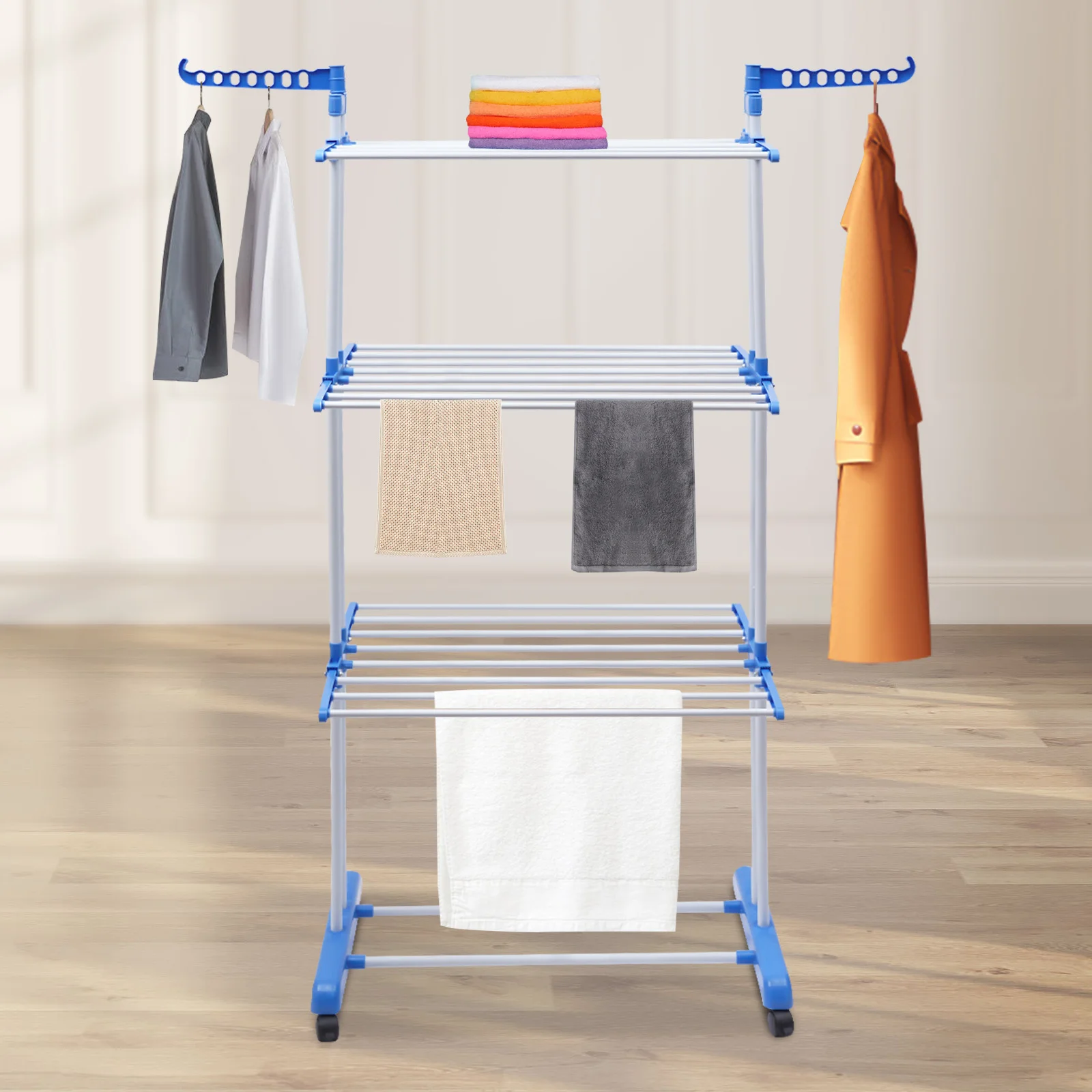 

4-Tier Commercial Laundry Clothes Drying Rack Folding Garment Rolling Dryer Hanger Bedroom Clothing Organizer Shelf Heavy Duty