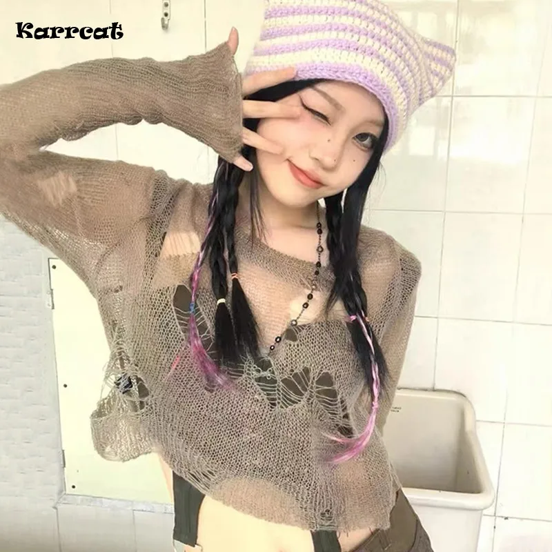 

Karrcat Gothic Thin Pullover Grunge Hollow Out Jumper Harajuku Punk Style Sweater Hole Broken Knit Crop Tops E-girl Y2k Clothes