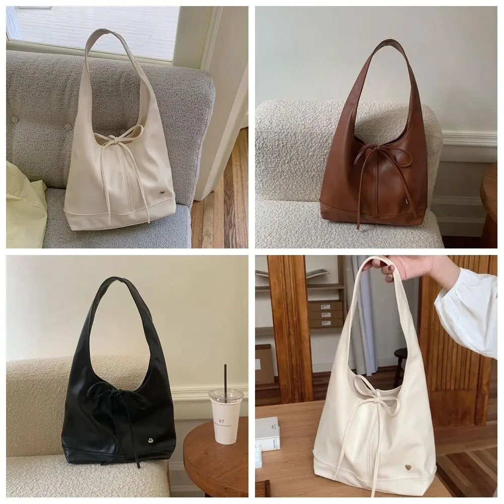 Casual Korean Style Soft Pu Leather Tote Bag Bowknot Pure Color Bow Tie Shoulder Bag Lightweight All-match Underarm Bag Women