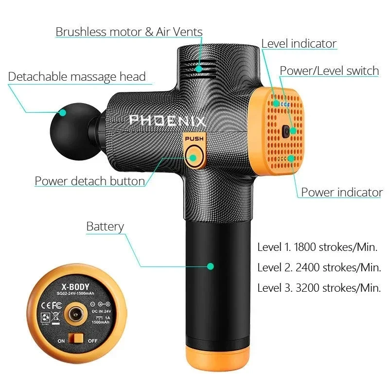 Phoenix A2 Pro นวดปืนกล้ามเนื้อเนื้อเยื่อลึก & หลังออกกําลังกาย Recovery เครื่องนวดแบบพกพาสําหรับ Home/Gym