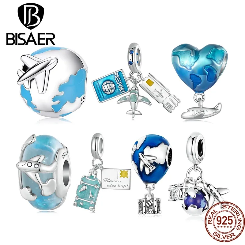 BISAER 100% 925 Sterling Silver Blue Traveling Airplane Charm Bead Suitcase Pendant Fit Women DIY Bracelet Necklace Fine Jewelry