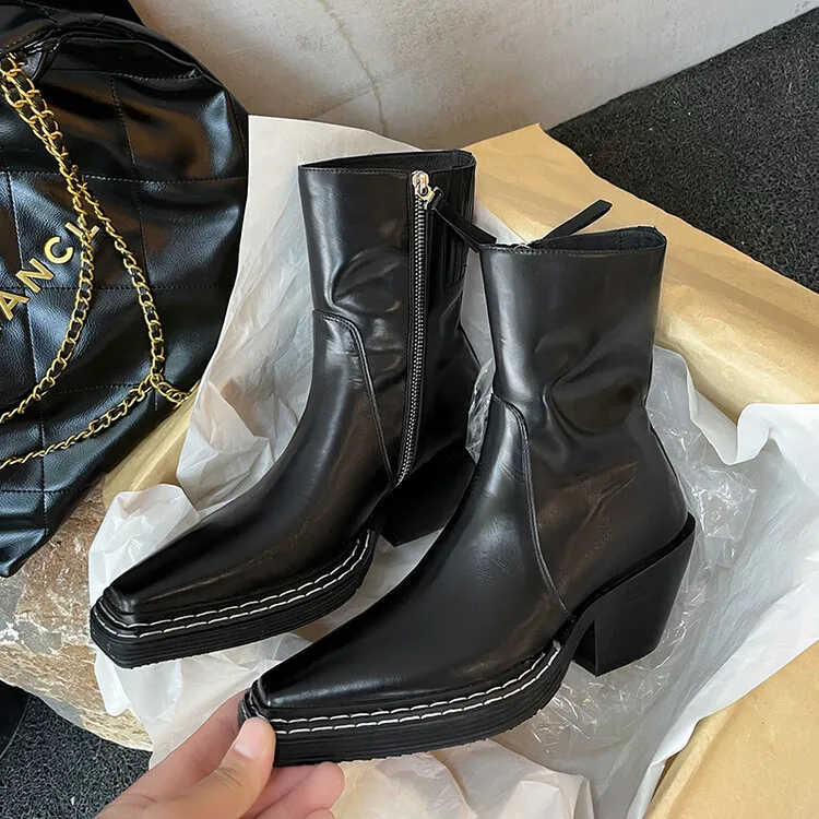 

Retro Square Head Thick Heel Chelsea Short Boots Sewing Line Zipper Custom Leather Knight Boots Casual Versatile Women's Boots