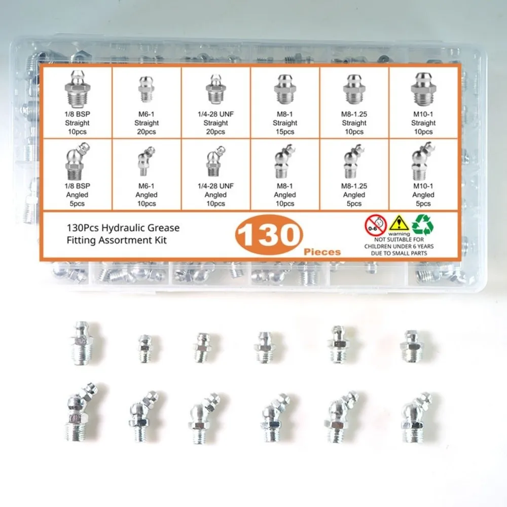 130pcs Straight & 45 Degree Grease Fittings Kit SAE & Metric & NPT 1/4
