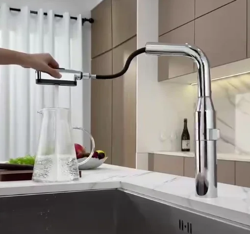

Новый современный гибкий кухонный смеситель из нержавеющей стали 2025 года, выдвижной, многофункциональный, с одной ручкой, поворотный на 360 градусов, цвет серый металлик