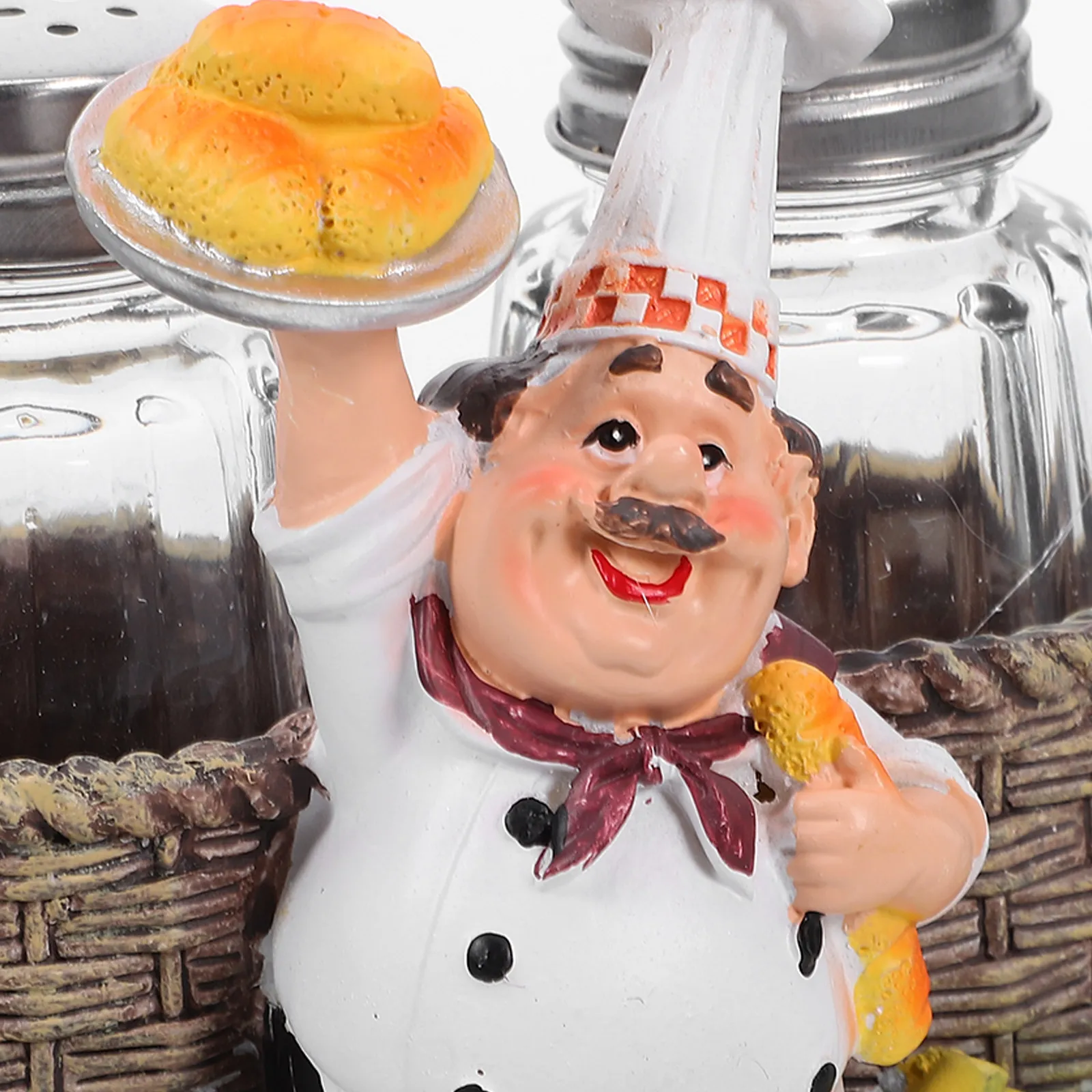 Juego de salero y pimentero 2 en 1 con diseño de estatua de chef, doble, para sal, pimienta, especias, azúcar, harina, té, a prueba de fugas, para la cocina