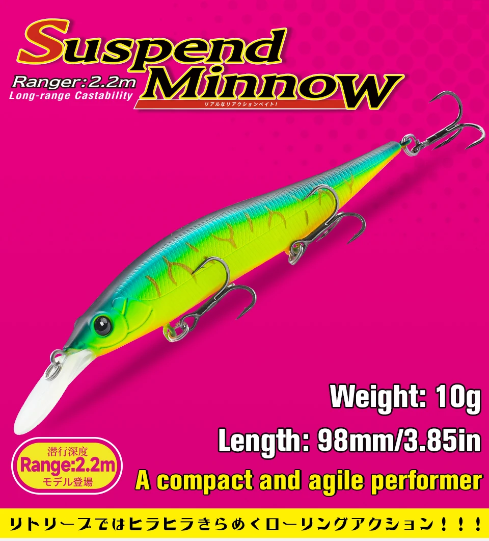 TSURINOYA 98mm 10g SP Tiefe Max 2,2m Suspending Minnow Jerkbait AURORA 98SP Gewicht Harter Köder Weitwurf Angelköder – Detail 3
