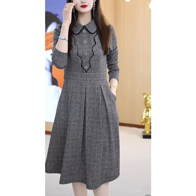 Spring Autumn Doll Collar Vintage Plaid Printing A-line Dress Female Long Sleeve Elegant Fashion Waist Robe Women Casual Vestido