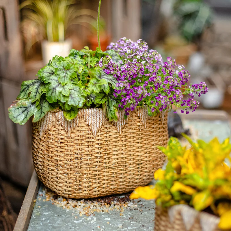 

Rustic Woven Rattan Cement Flower Pot, Balcony Garden Plant Container, Desktop Decorative Planter, Faux Drainage Design