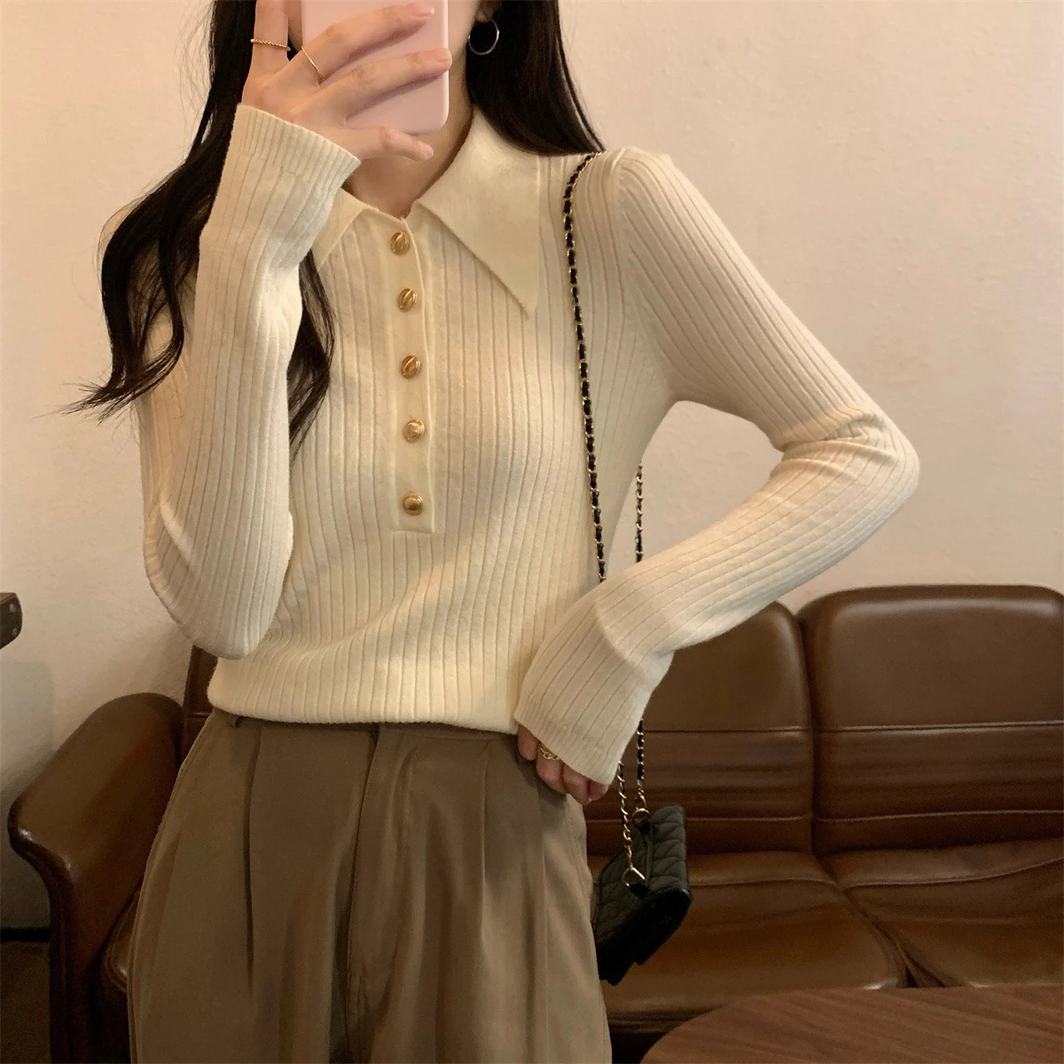 Spring Fall Womens Polo Collar Knitted Sweater Metal Button Detail Slim Fit Base Top Elegant Inner Layer Pullover