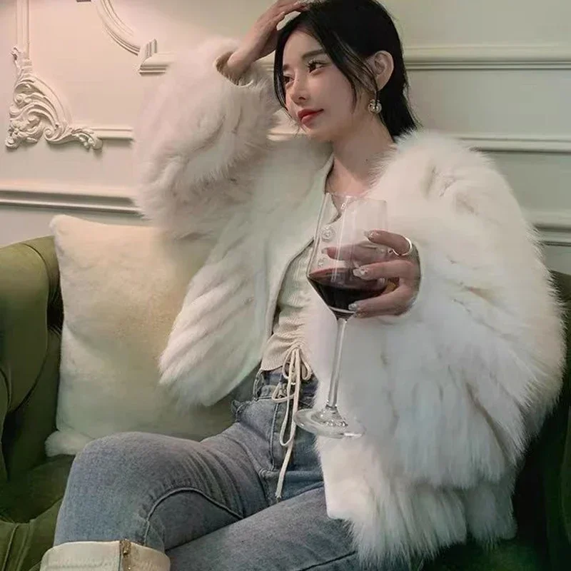 Inverno elegante pele do falso casacos de colheita feminino y2k coreano chique o pescoço quente jaqueta de pele curta moda feminina fofo pele de raposa do falso parkas