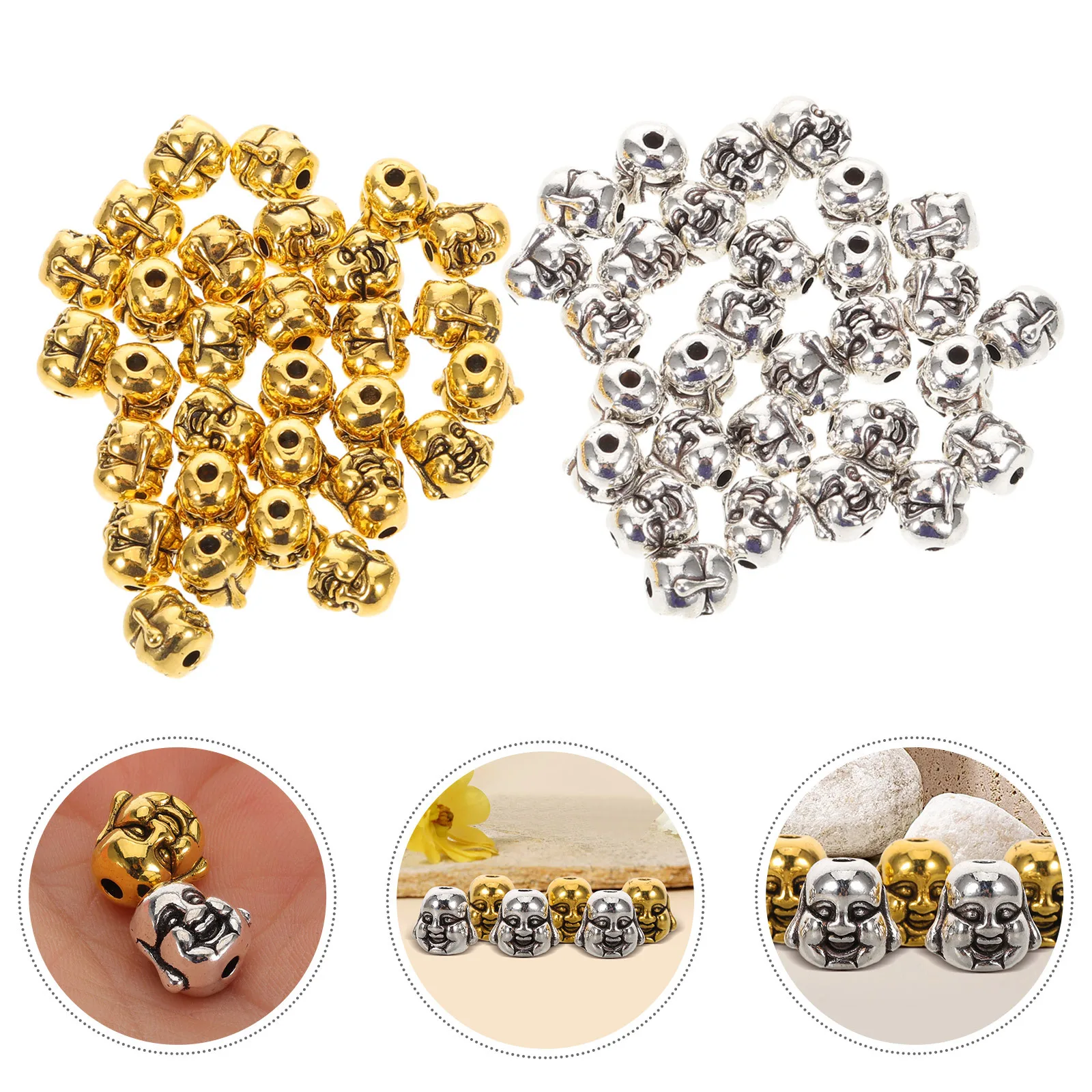 

60Pcs Silver Golden Buddha Head Spacer Beads Tibetan Alloy Charms for Meditation Yoga Jewelry Mala Bracelet Making