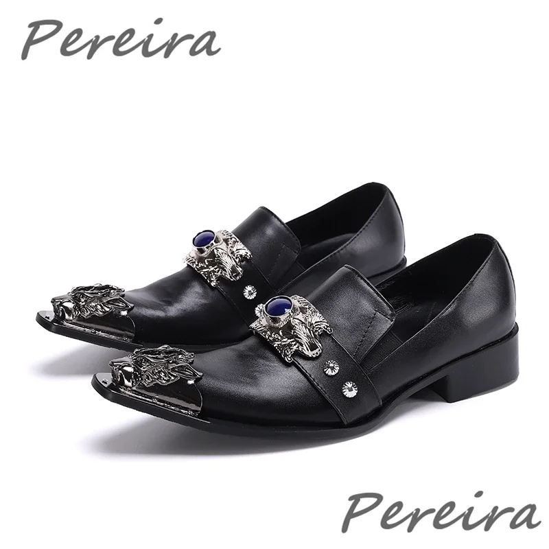 

Men's Rhinestone Rivet Strap Cowhide Shoes Black Iron Pointy Toe Slip On Loafers Banquet Party Casual Business Shoes Large Size
