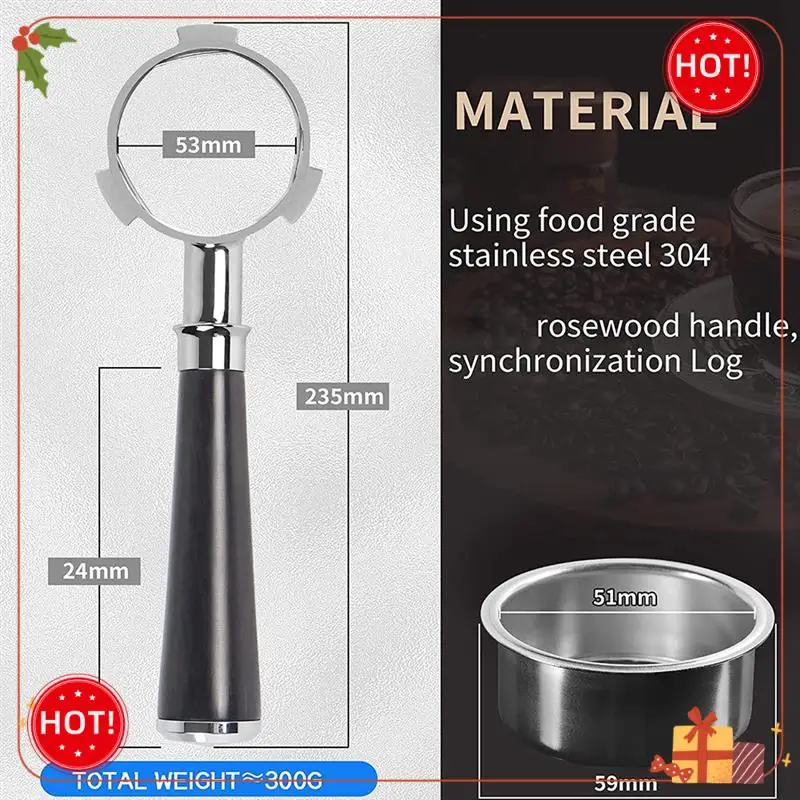 ABLE-51Mm Portafilter 3 หู,สแตนเลส,51Mm Bottomless Portafilter พร้อมที่จับไม้และตะกร้ากรอง