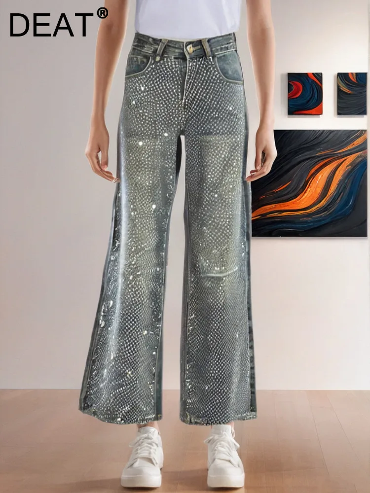 DEAT Trendy Fashion Women's Diamonds Wide Leg Jeans 2024 Autumn New Items High Waist Loose Straight Denim Pants Female 33A1953