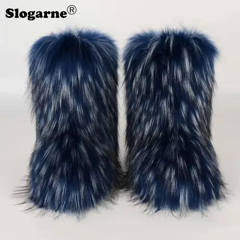 Women's Winter Fluffy Faux Fox Fur Boots Woman Plush Warm Snow Boots Luxury Footwear Girls' Furry Fur Bottes Fashion Winter Shoe image 3