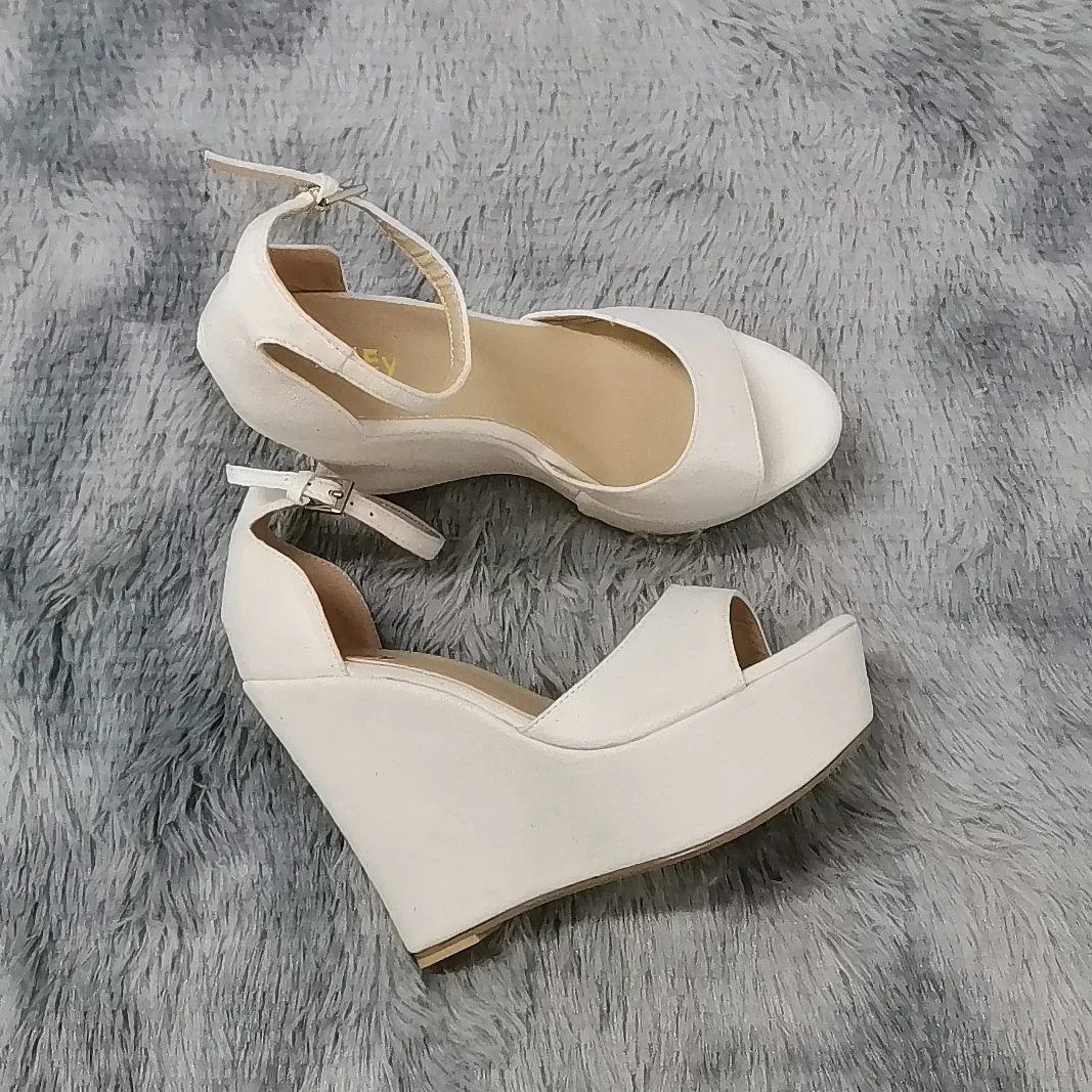 Women Sandals 14cm Sexy Peep Toe Ankle Strap Platform Wedge High Heels Sandal Party Red Wedding Dress Ladies Shoes Large Size view 3