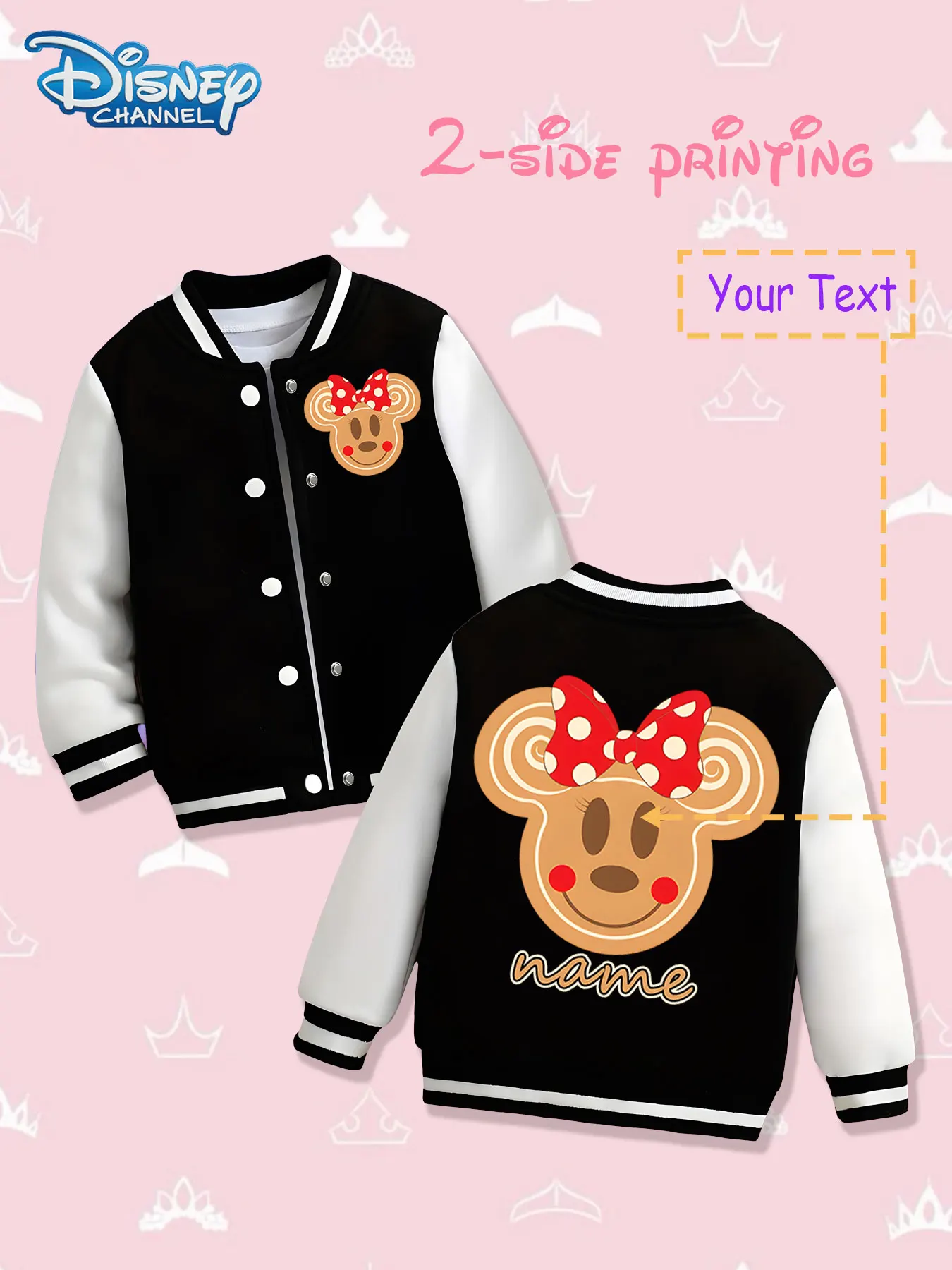 

MINISO Disney Gingerbread Man Minnie Girls Baseball Jacket - Double-sided cute print, warm and festive in autumn and winter, sui