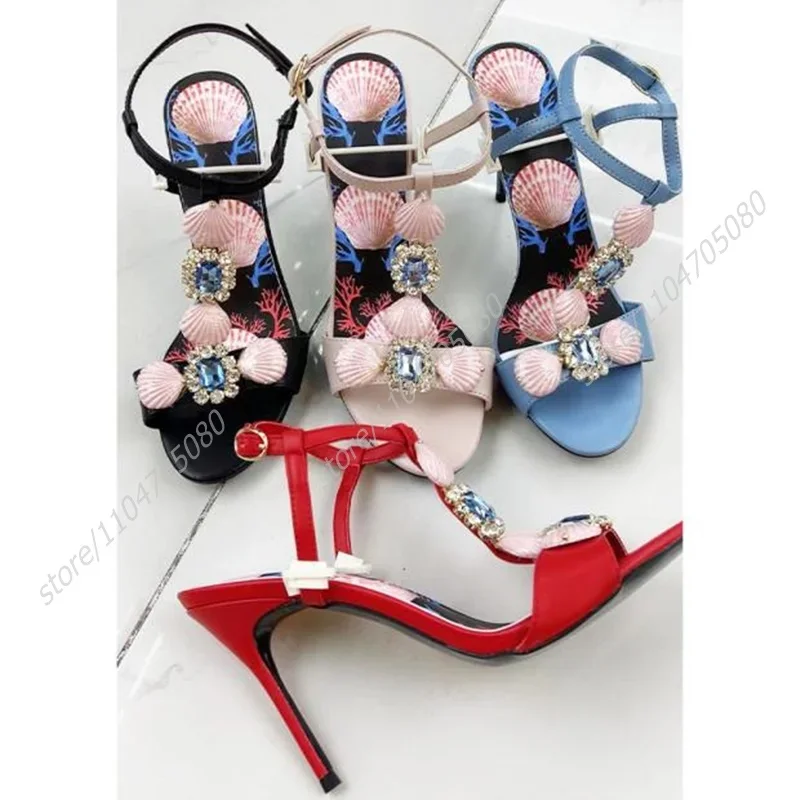 

Pink Shell Diamond Chain Red Sandals Women Print Red Tassel Stiletto Girls Party Blue Heels Crystal Buckle Ruffle Hollow Shoes