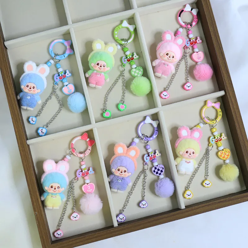 Flocking Monchichi Keychains with Bow Cute Monchichi Keychain Pendant for Bags Anime Bags Charm Keyring Girls Bag Pendant Gifts