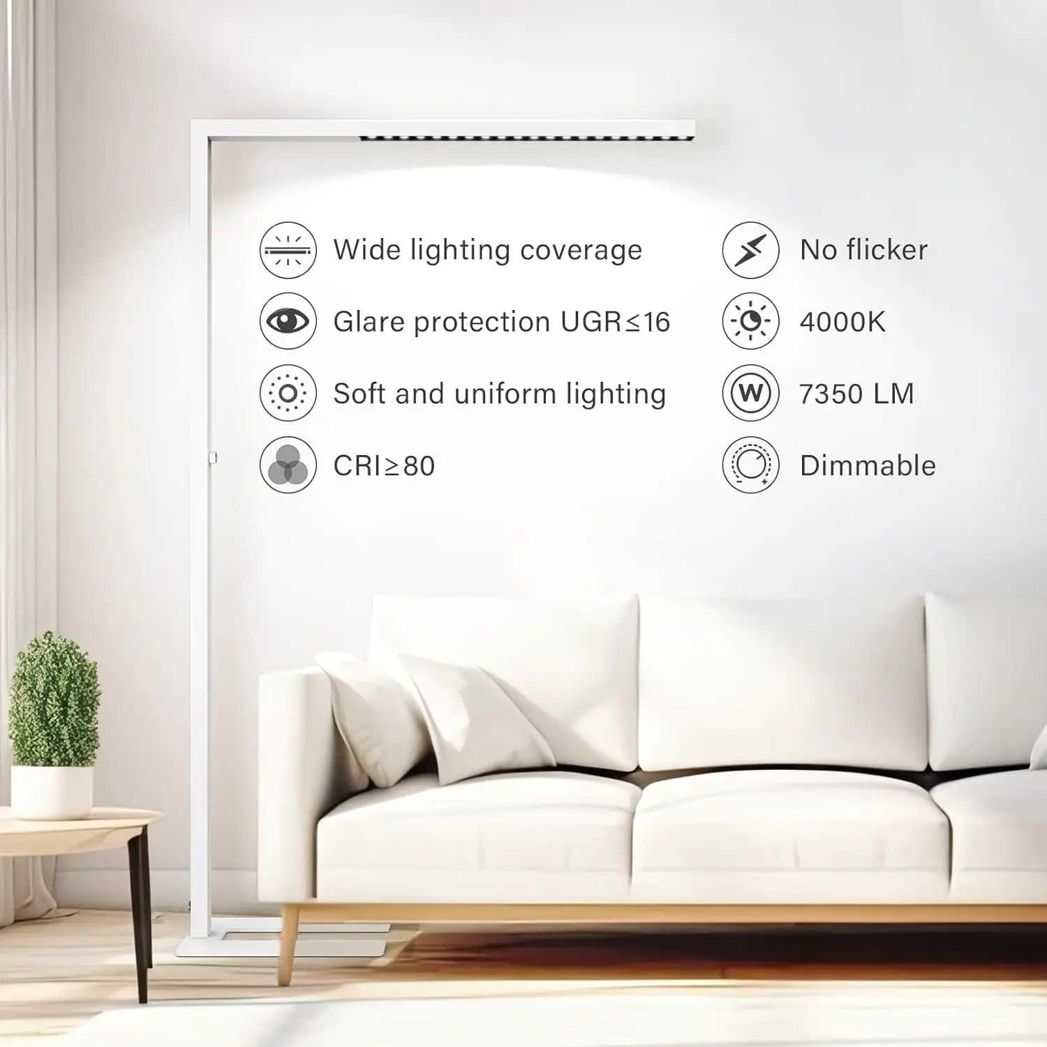 Luminária de Chão LED Regulável de 77 polegadas, Luz de Pé de 7350LM para Escritório e Sala de Estar - Branca