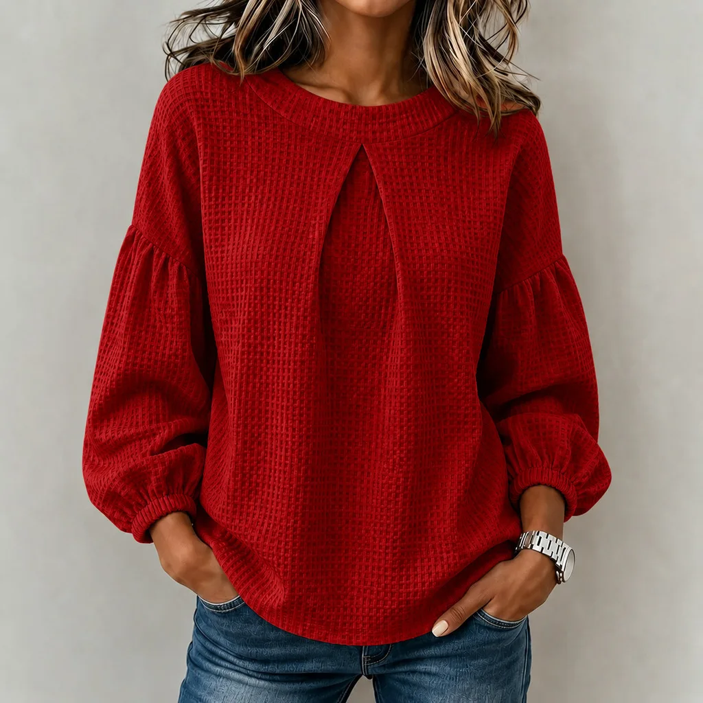 Women's Waffle Long Sleeve Top, Lantern Sleeve Blouse, Pleated Crew Neck Shirt, Loose Soft, Casual Commute, Autumn Must‑have