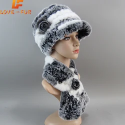 Nuove donne inverno lavorato a maglia vero cappello di pelliccia di coniglio Rex sciarpa set naturale caldo berretto di pelliccia di coniglio Rex sciarpe signora vera pelliccia cappelli silenziatore