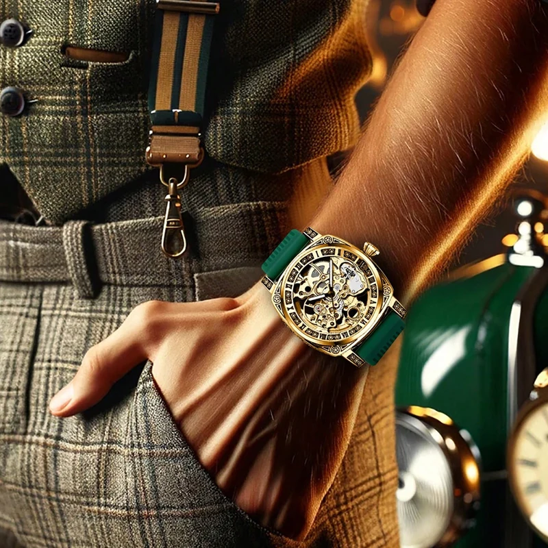 ساعة ميكانيكية راقية منحوتة بالذهب مجوفة عصرية ومضيئة للأعمال والترفيه أوتوماتيكية بالكامل