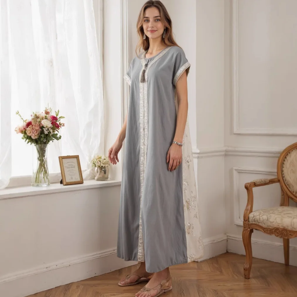 ชุดเดรสยาวแบบอาบายะห์สำหรับผู้หญิง ผ้าต่อหน้าหลัง แต่งลูกไม้สีเงิน ดีไซน์หรูหรา สไตล์อิสลาม แฟชั่นดูไบ