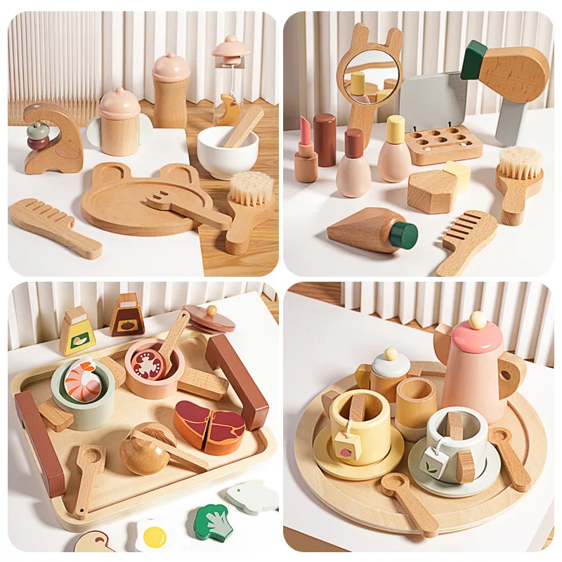 Wooden Pretend Plays Girls Toys Kitchen Game Simulated Makeup Play House Afternoon Tea Playset Cuting Food Educational Toys Gift