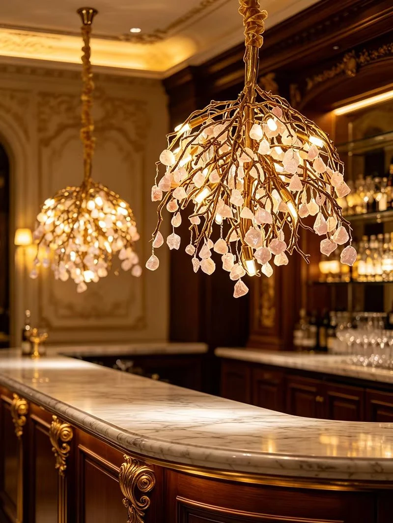 Designer Crystal Stone Branch Chandelier Brass Tree Pendant Light Luxury Lamp for Living Room Dining Room Bedroom