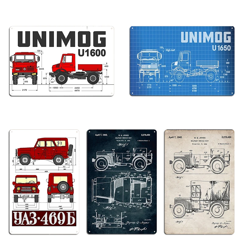 Unimog blueprint Unimog U1600 specifications red UAZ 469 Metal Cave Living Room Personalized Vintage Wall Decor Tin Sign Poster