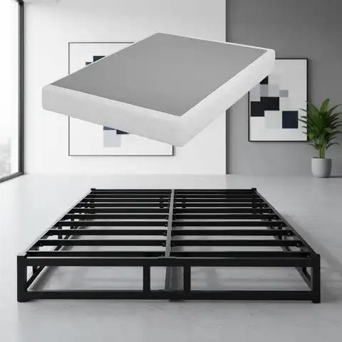 Struttura letto Queen Size 7 in metallo a basso profilo con fodera in cotone, facile montaggio, supporto robusto per tutti i materassi (nero)