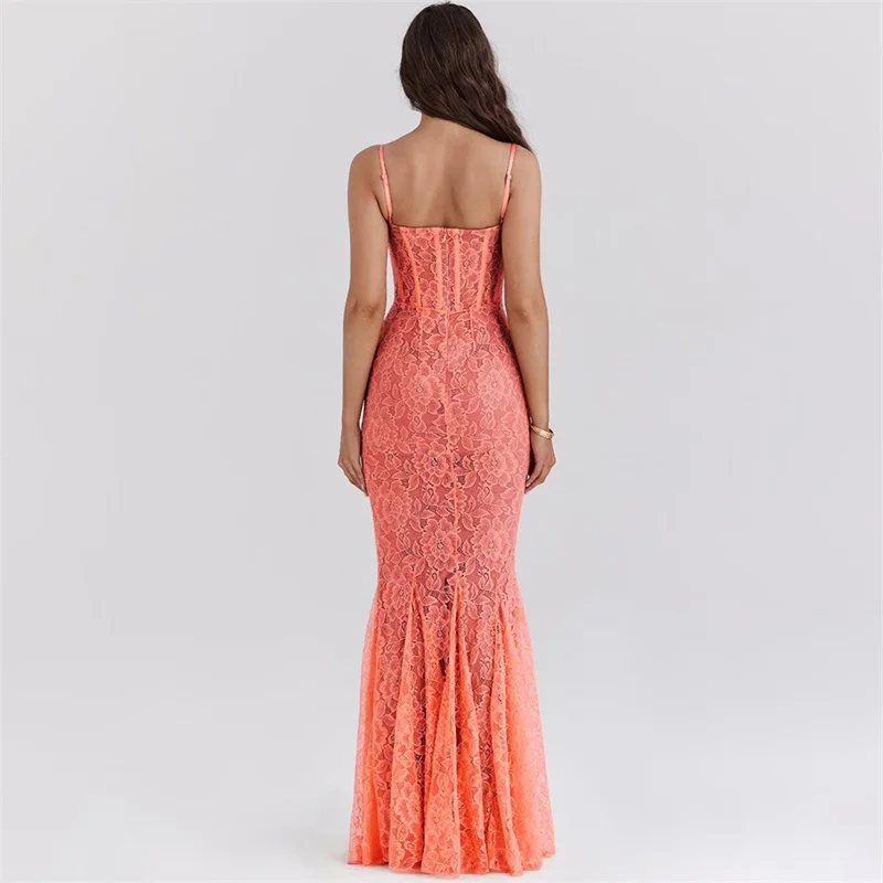 Spaghetti Strap Lace Pleated Women's Homecoming Dress Deep-V Neck Backless Party Gown Orange High Waist Long Prom Skirt Newest