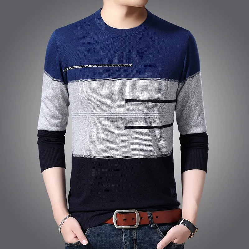 2024 Autumn Jacquard Sweater Men Fashion Casual Slim Fit Round Neck Knitted Pullover Business Bottom Tops Social Men Clothing