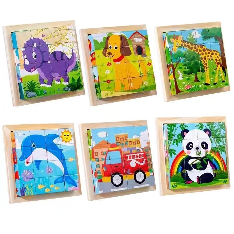 Puzzle cube 3D à six faces en bois pour enfants, jouets de rangement amusants