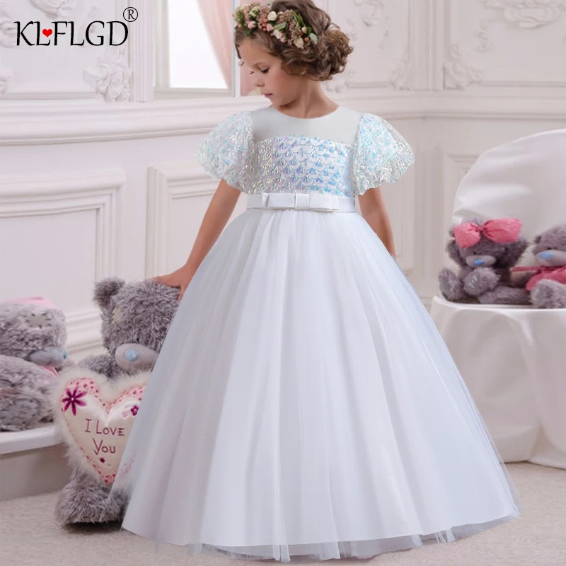 new girls' birthday party dinner dress mesh lace neat style catwalk communion Wedding Ball Sequin poncho dress 4-14-year-old