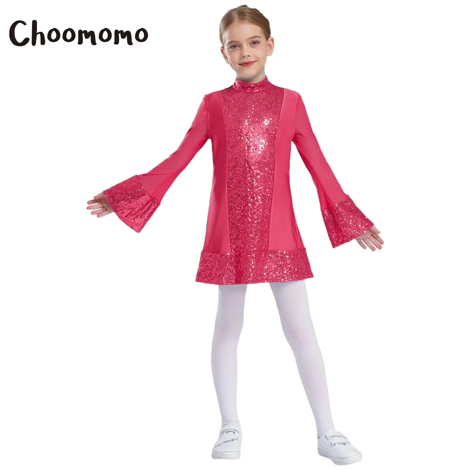 Kids Girls Glittery Sequins Bell Sleeve Disco Dance Dresses 60s 70s Diva Hippie Costume Halloween Cosplay Party Dress Up