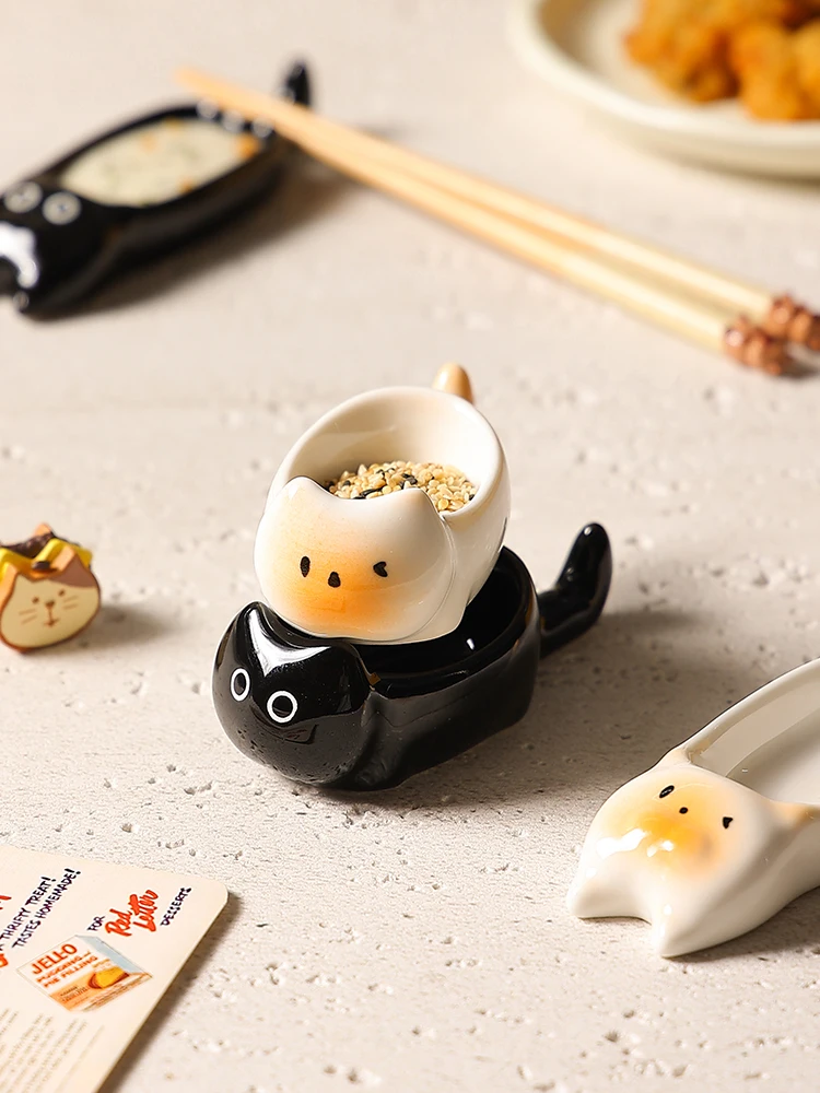 1PCS Ceramic Cat-Shaped Mini Dipping Plate Side Dish Small Bowl Home Diningware Kitchen Table Decorative Cat Bowl