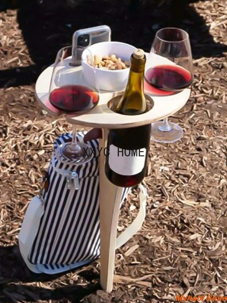 Creative Foldable Wine Table with Round Desktop Wooden Wine Glass Goblet Holder for Outdoor Picnic Camping Portable Wine Rack