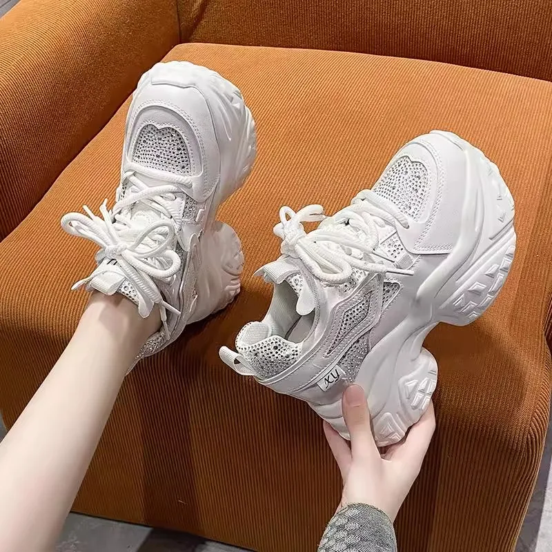 

Кроссовки на платформе с блестками и блестками, увеличивающие рост, осенне-зимняя женская обувь на шнуровке, ботинки на толстой подошве